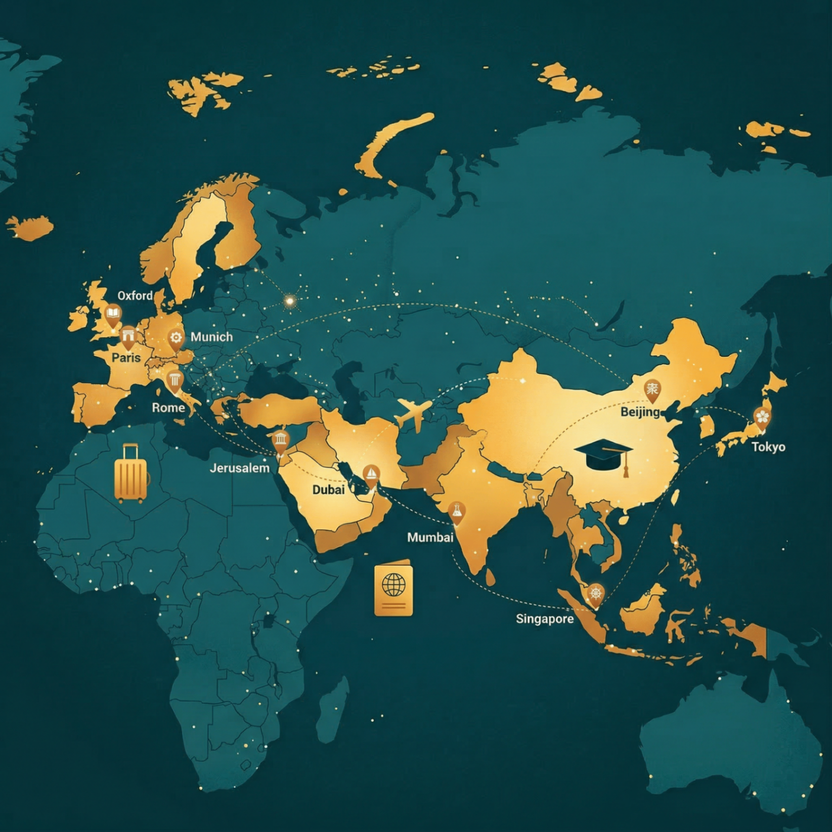 World map showing study destinations including Oxford, Paris, Munich, Rome, Dubai, Mumbai, Beijing, Tokyo and Singapore